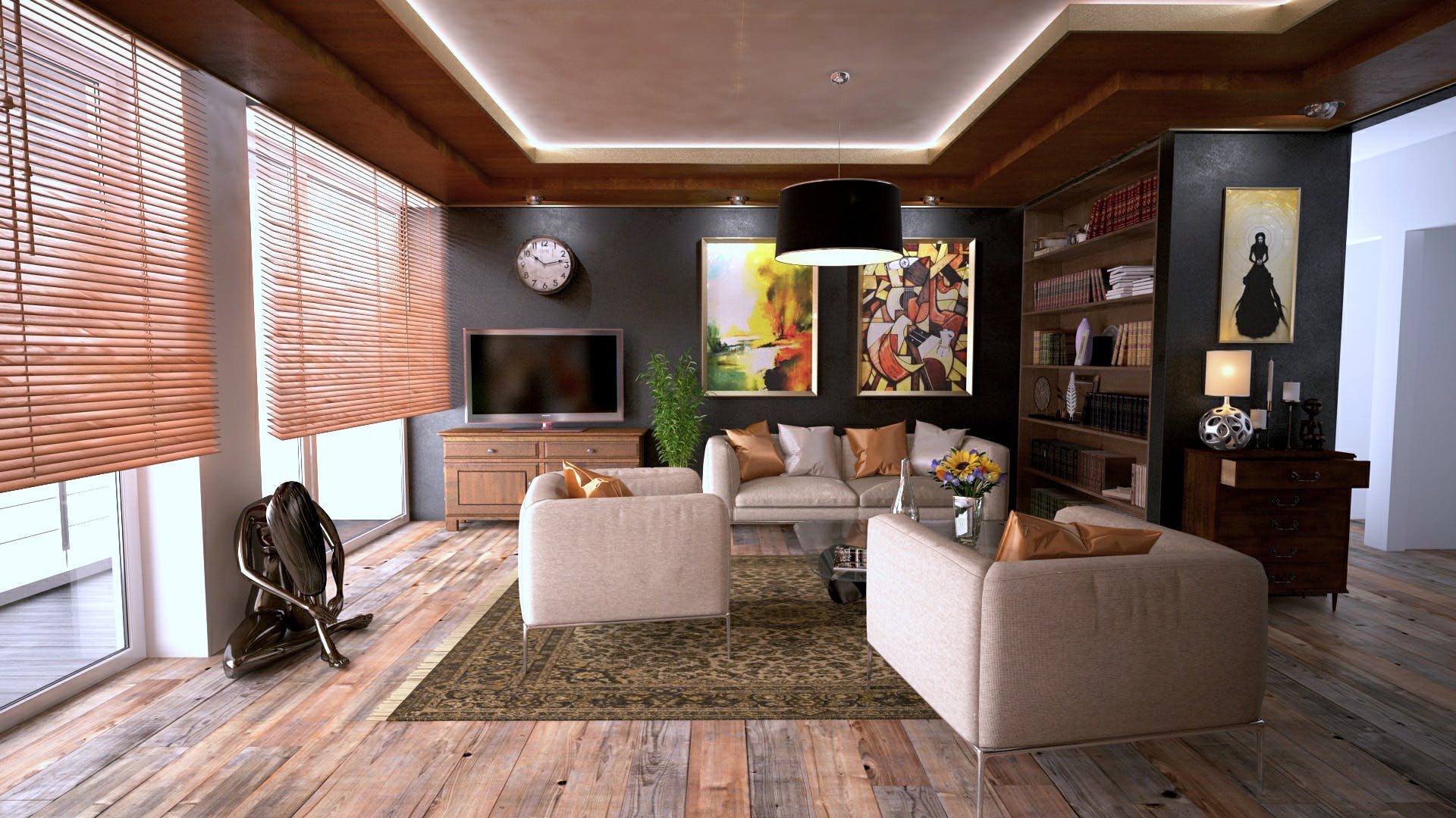 A study with a rustic wooden aesthetic, including wooden blinds to enhance the aesthetic